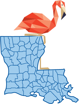 Logo - outline of the state of Louisiana with the Flamingo Learning flamingo mascot