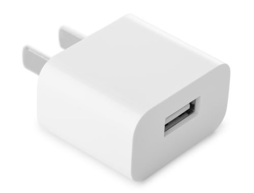 USB-A wall charger/adapter and plug; with the plug prongs on one side and the USB-A port on the other