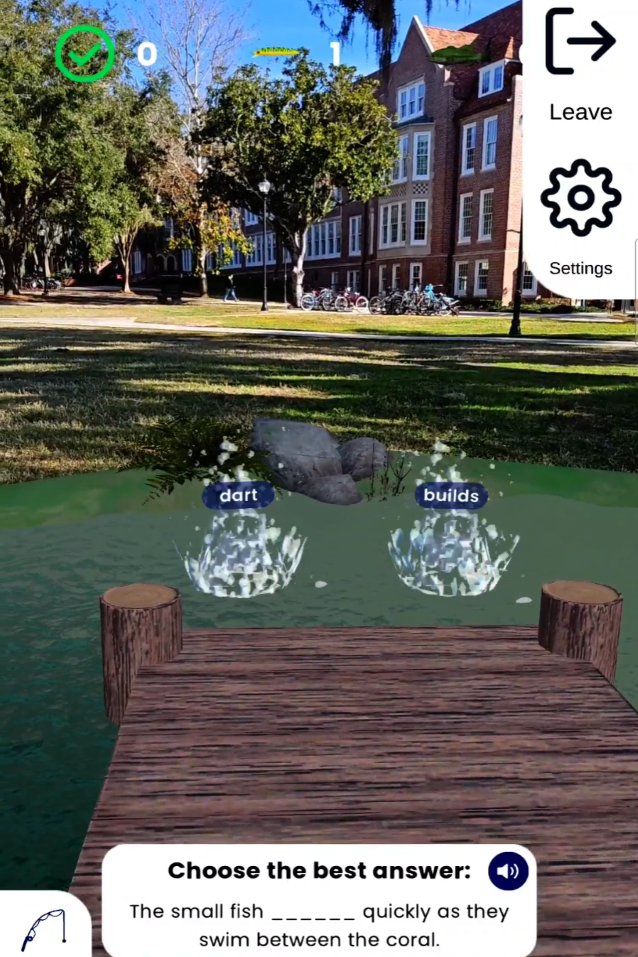 A screenshot of an AR Expeditions in-app exercise where children choose the best words to fit a sentence.